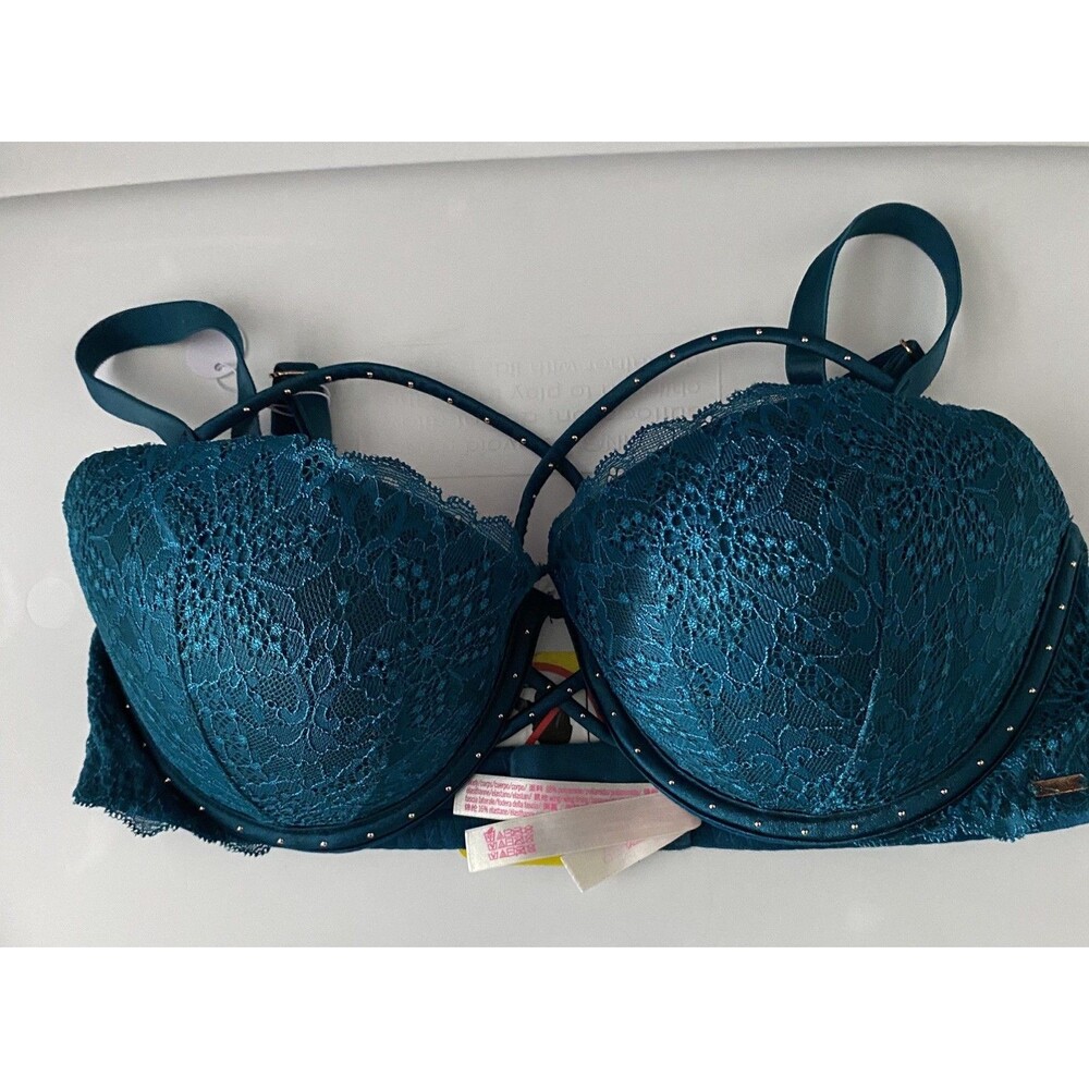 Victoria's Secret PINK Date Push Up Criss Cross Studded Lace Bra Green Blue 36D